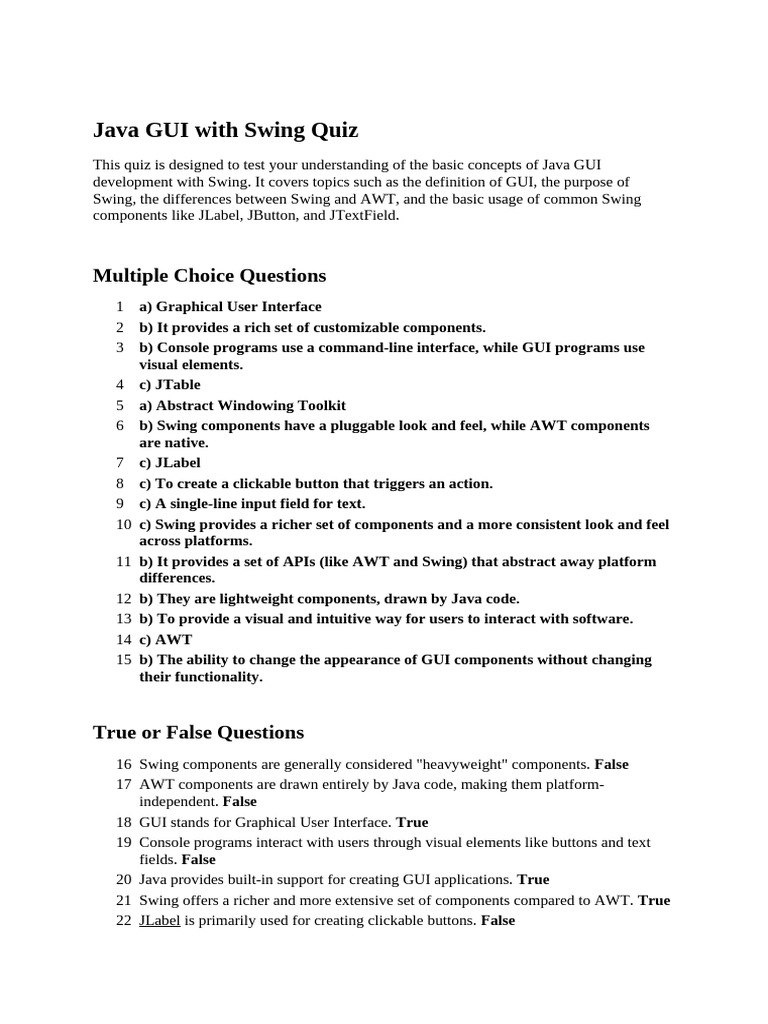 Java GUI With Swing Quiz (1) Answer Key | PDF