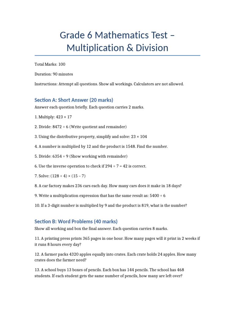 Grade6 Math Test Multiplication Division | PDF