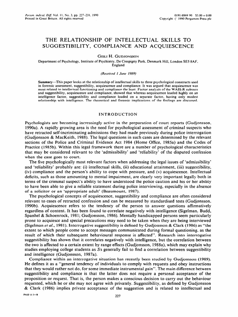 The Relationship of Intellectual Skills To Suggestibility, Compliance ...