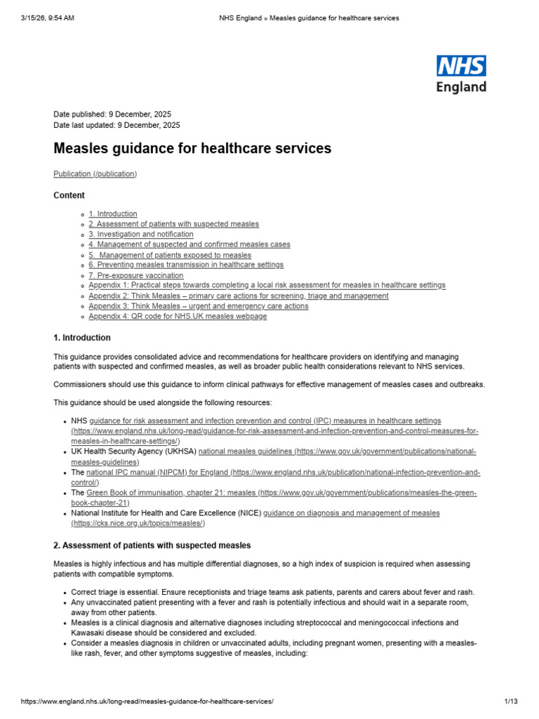NHS England Measles Guidance For Healthcare Services | PDF