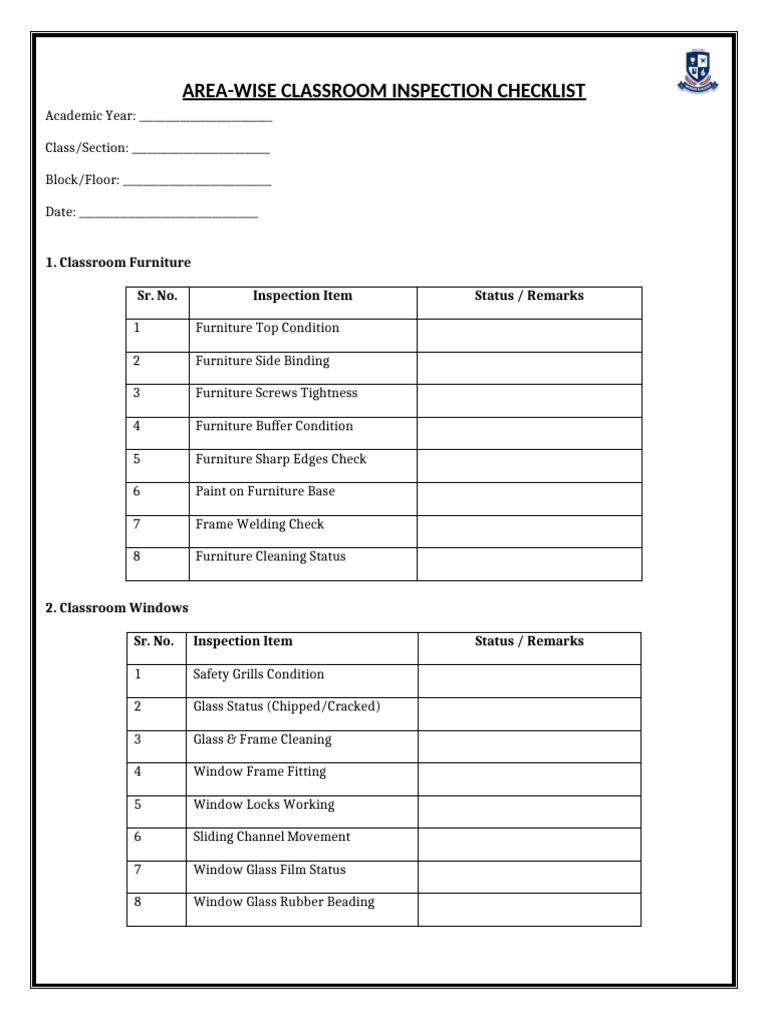 Area Wise Classroom Inspection Checklist | PDF