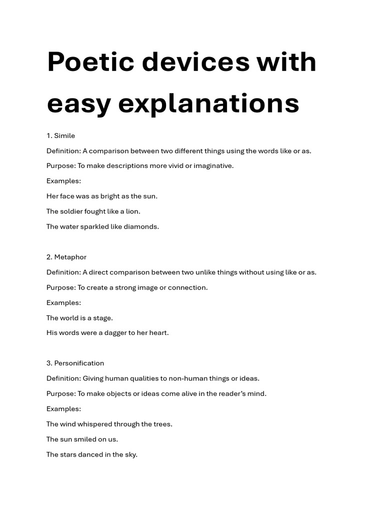 Poetic Devices With Easy Explanations | PDF | Poetry