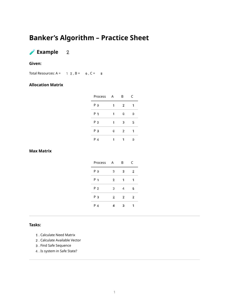 05B-Bankers Algorithm Practice Sheet - Example 2 PDF Content | PDF