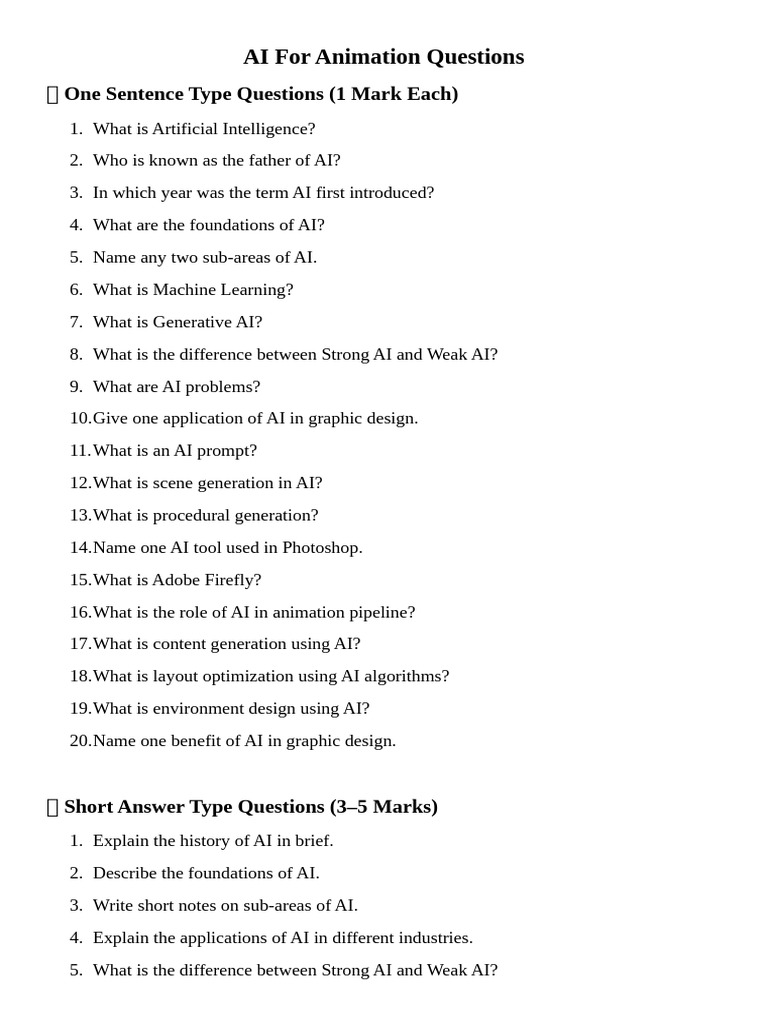AI For Animation Questions | PDF