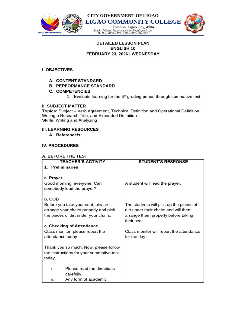 Lesson Plan (Summative Test) | PDF