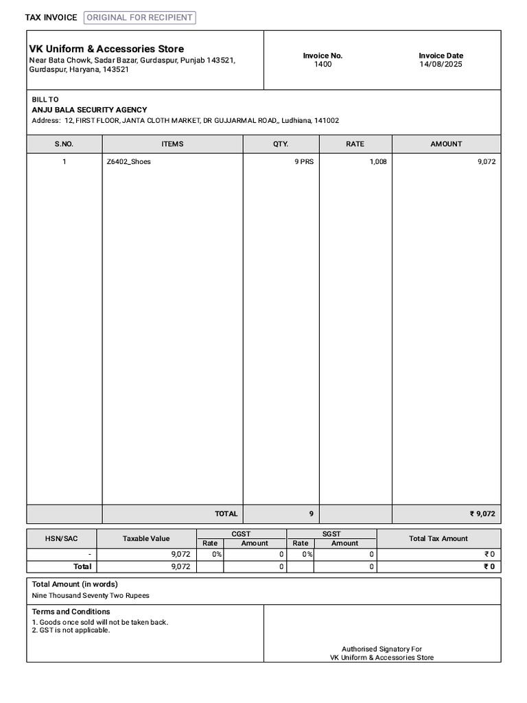 Anju Bala Security Agency Invoice 1400 | PDF