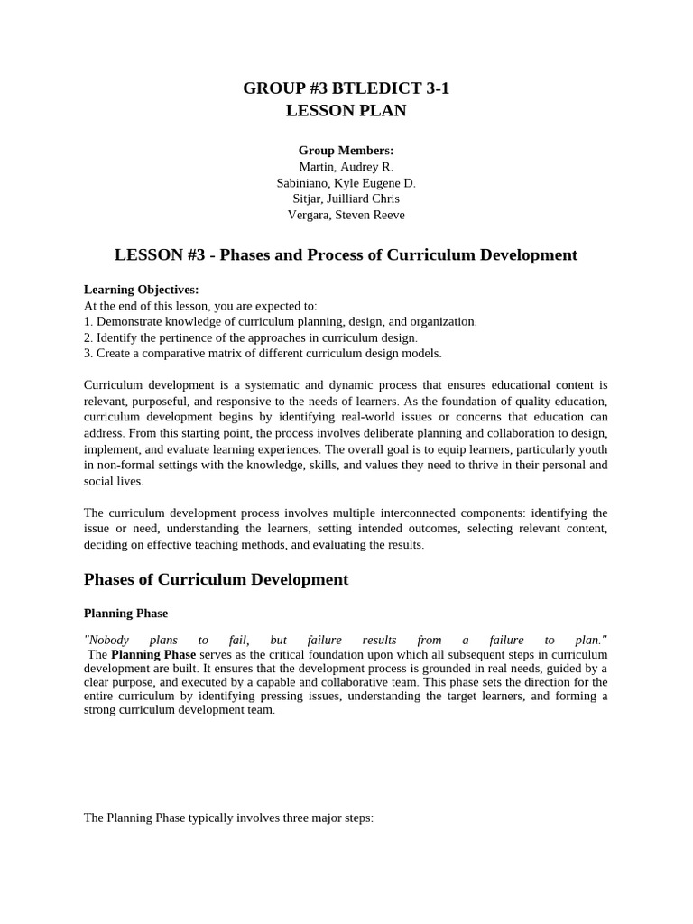GROUP #3 - LESSON 3 Phases & Process of Curriculum Development ...