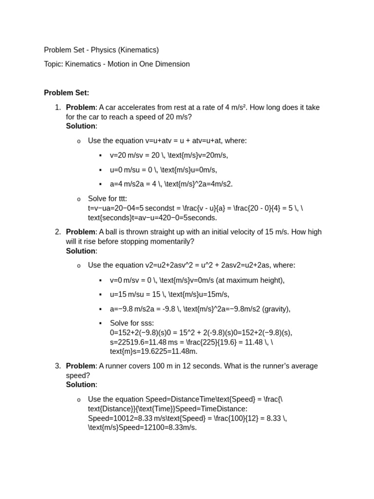 Problem Set Physics Kinematics | PDF