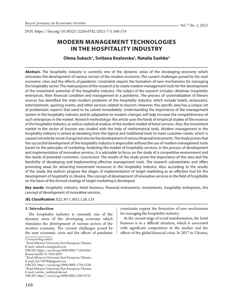 Modern Management Technologies in The Hospitality Industry | PDF