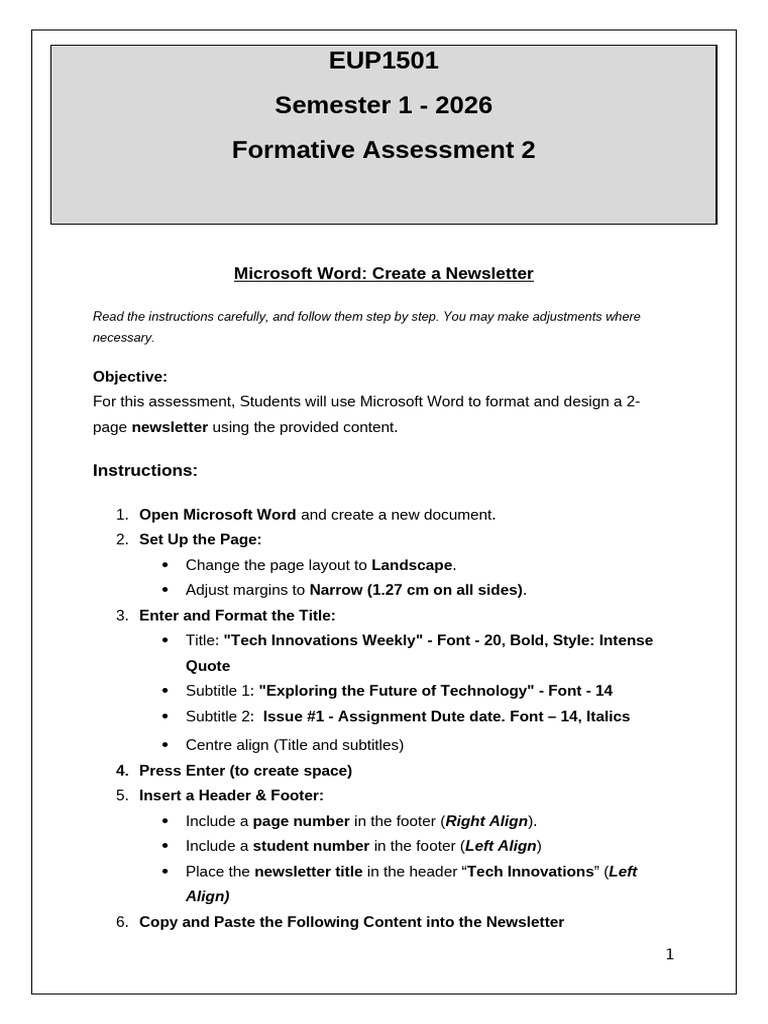 EUP1501 - Formative Assessment 2 (Semester 1) 2026 | PDF