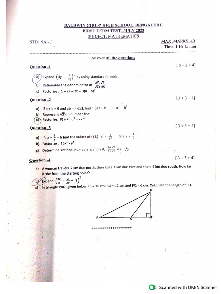Mathematics Grade 9 PYQ | PDF