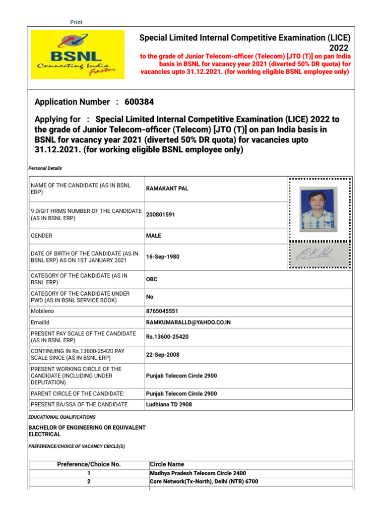 BSNL Application Form | PDF