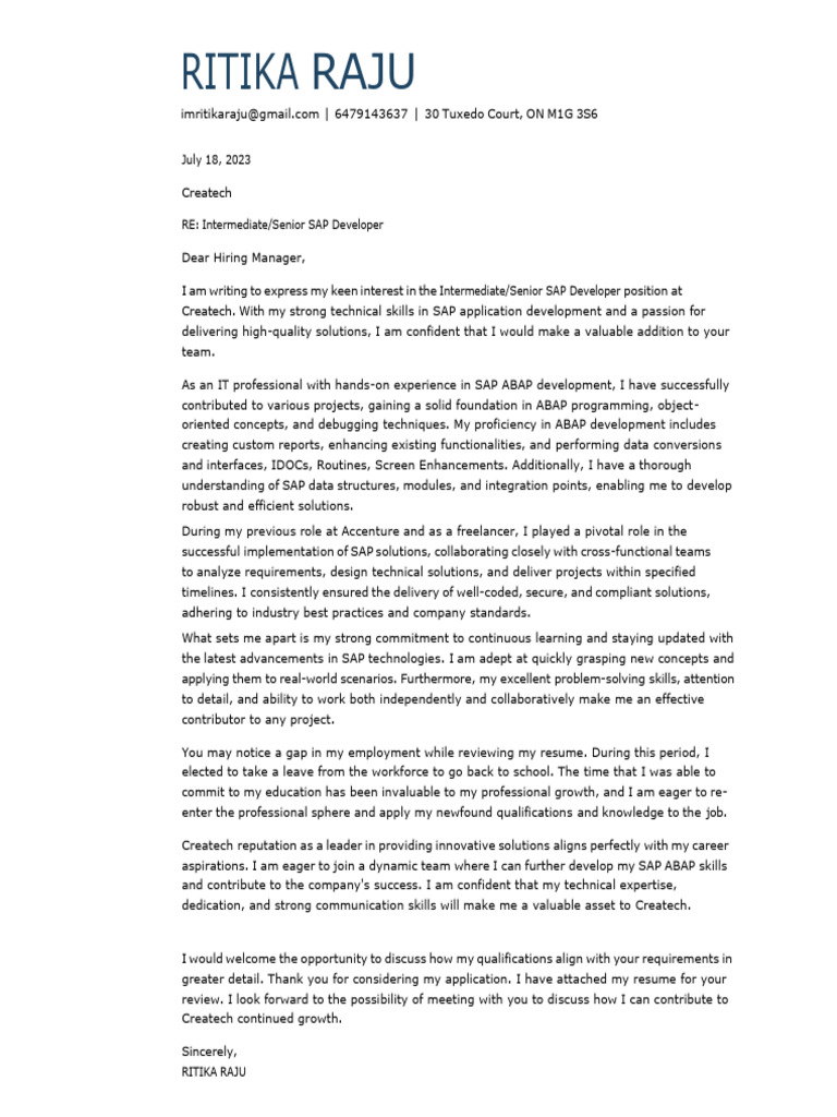 Ritika Raju-Cover Letter - Createch | PDF