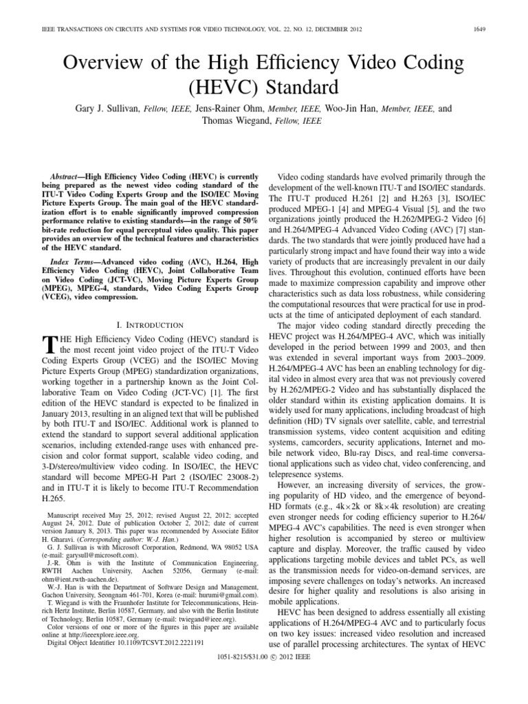 Overview of The High Efficiency Video Coding HEVC Standard | PDF