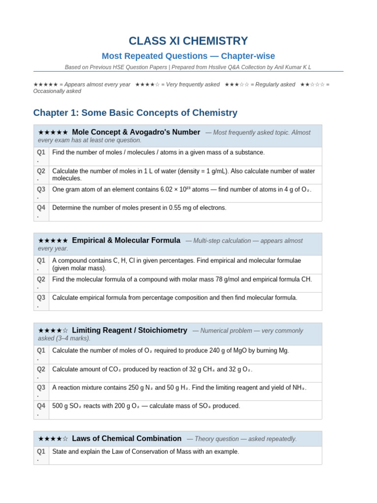 Most Repeated Questions XI Chemistry | PDF | Mole (Unit) | Chemical Bond