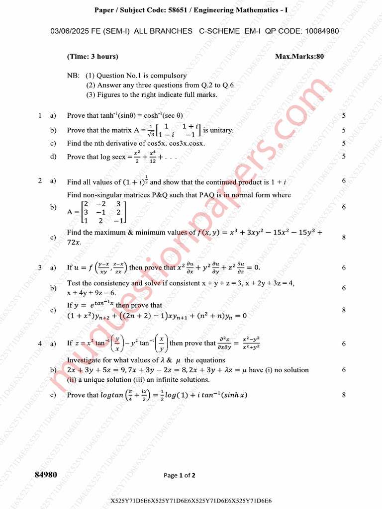 Be First Year Engineering Semester 1 2025 May Engineering Mathematics I ...