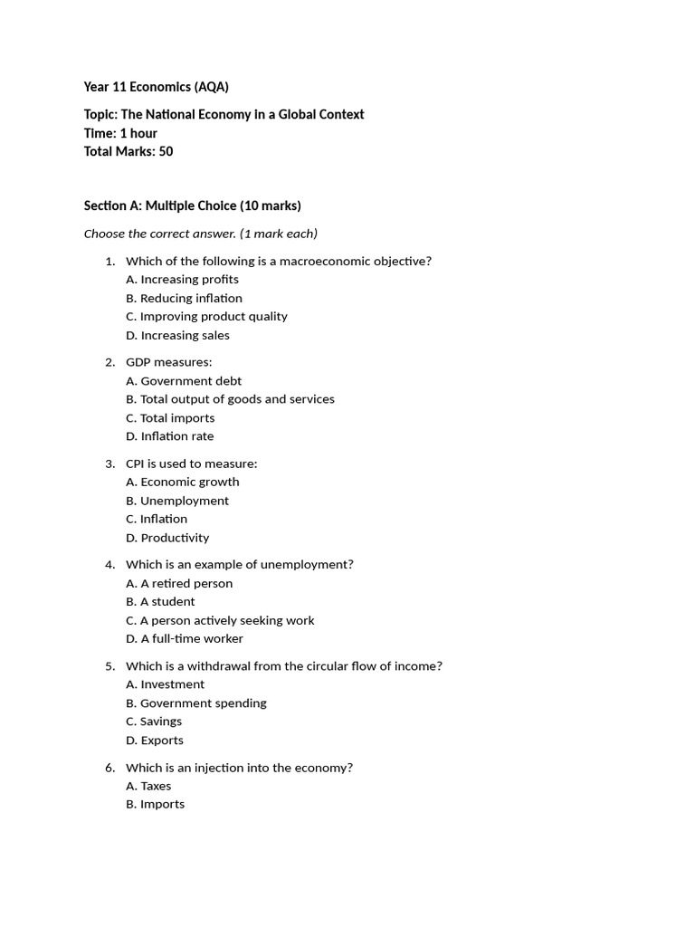 Y11 Eco Week 26 Aqa Assignment | PDF