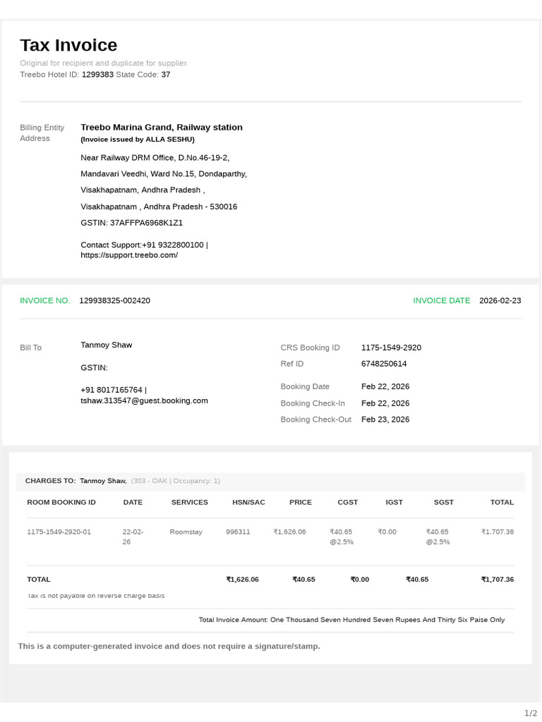 Hotel Room Invoice 22-23 Feb26 | PDF