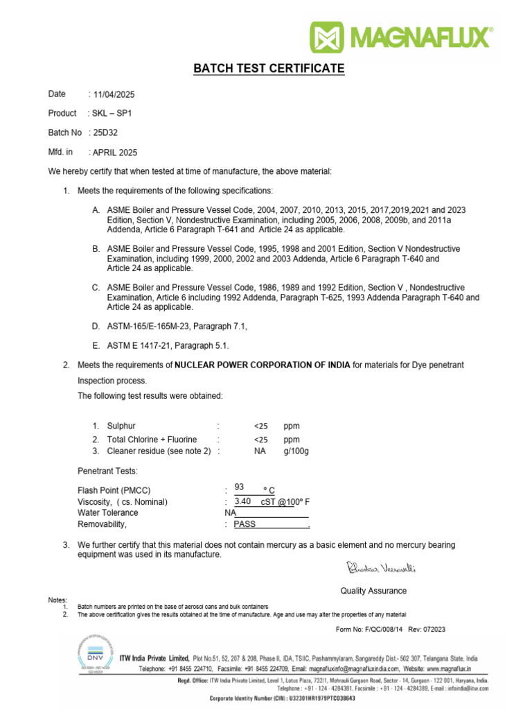 Batch Test Certificate: 1. A., and 2023 | PDF
