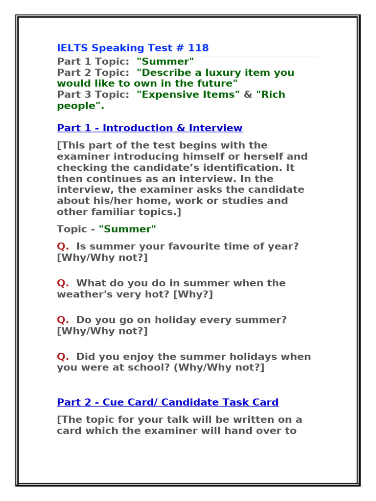 IELTS Speaking Test Questions 2 | PDF
