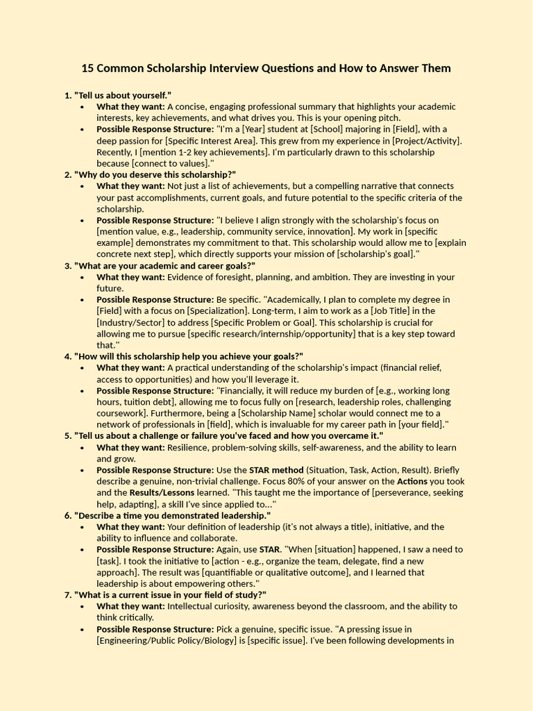 15 Common Scholarship Interview Questions and How To Answer Them | PDF