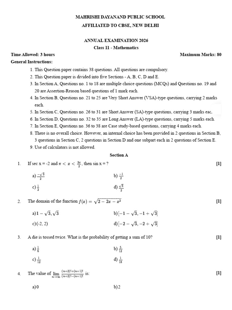 ANNUAL EXAMINATON PAPER - XI - 2026.pdf MATHEMATICS | PDF