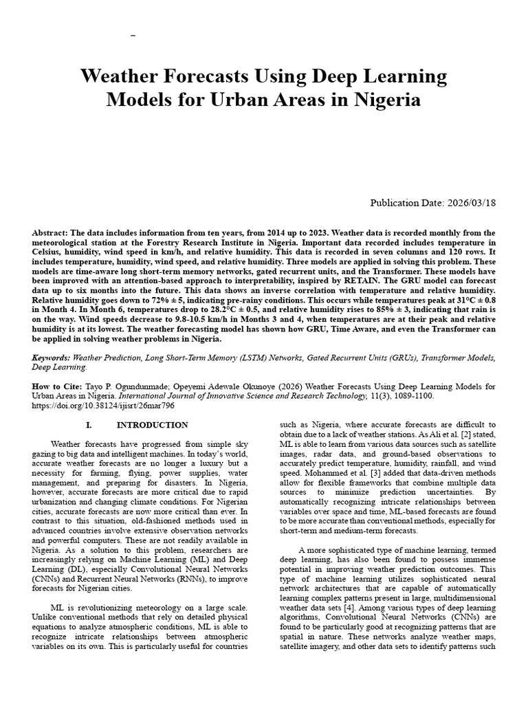 Weather Forecasts Using Deep Learning Models For Urban Areas in Nigeria ...