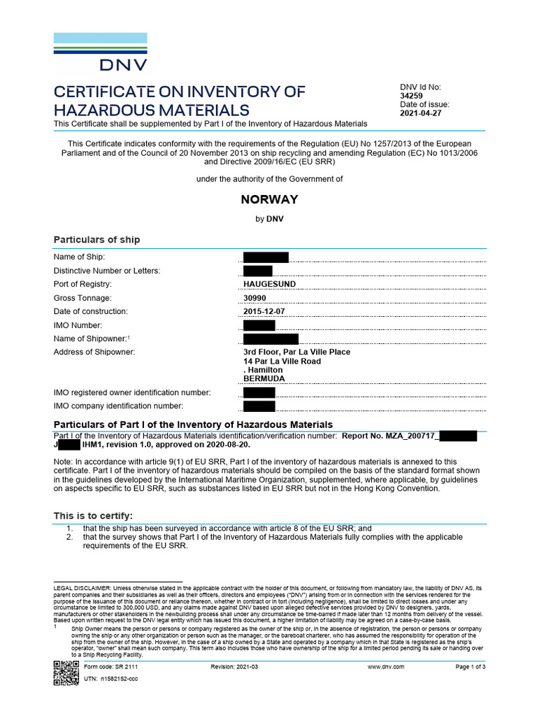 2.150 - Certificate of Compliance For Inventory of Hazardous Materials ...