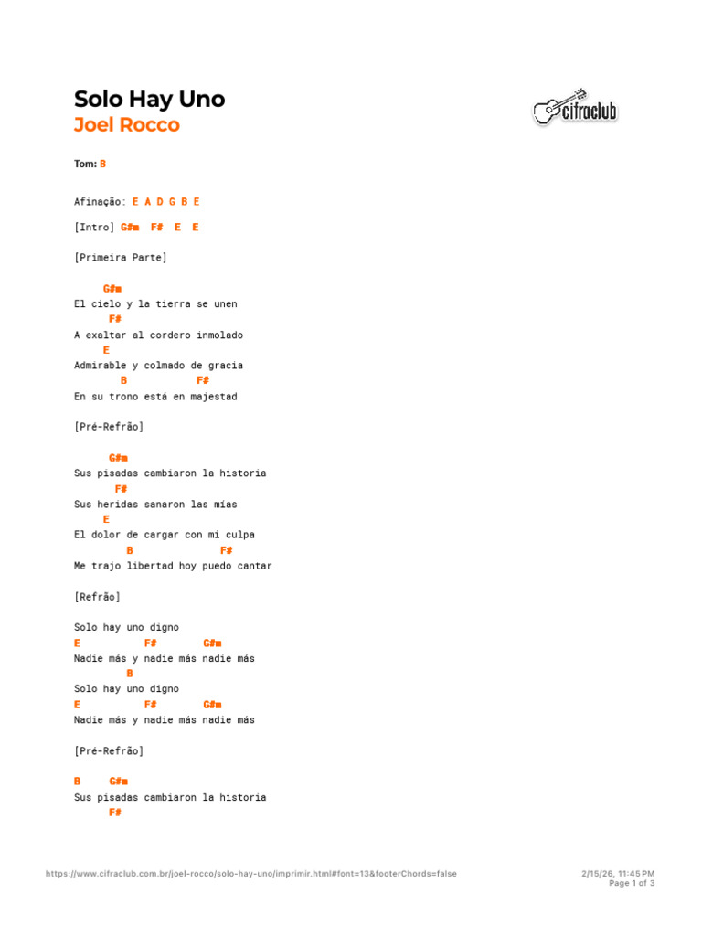 Cifra Club - Joel Rocco - Solo Hay Uno | PDF