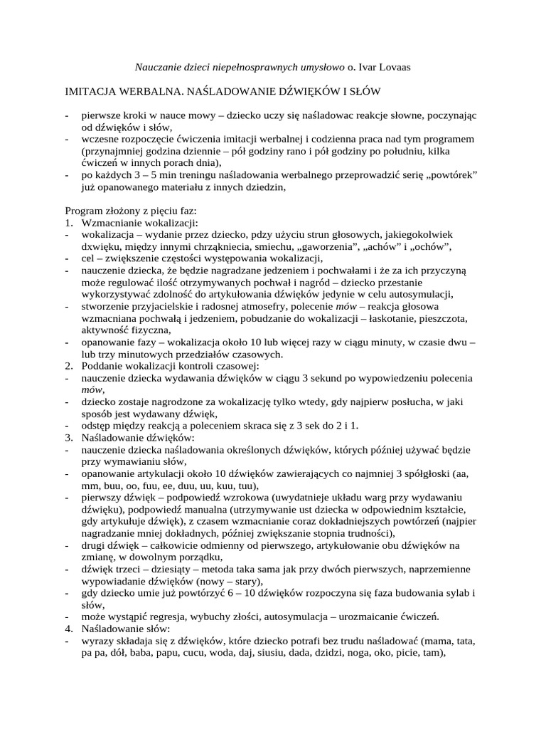 Lovaas Ivar - Nauczanie Dzieci Niepełnosprawnych Umysłowo | PDF