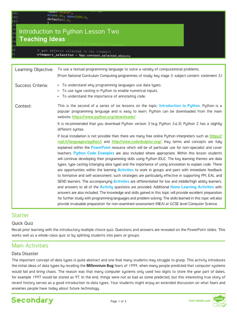 #Introduction To Python Lesson Two Teaching Ideas | PDF