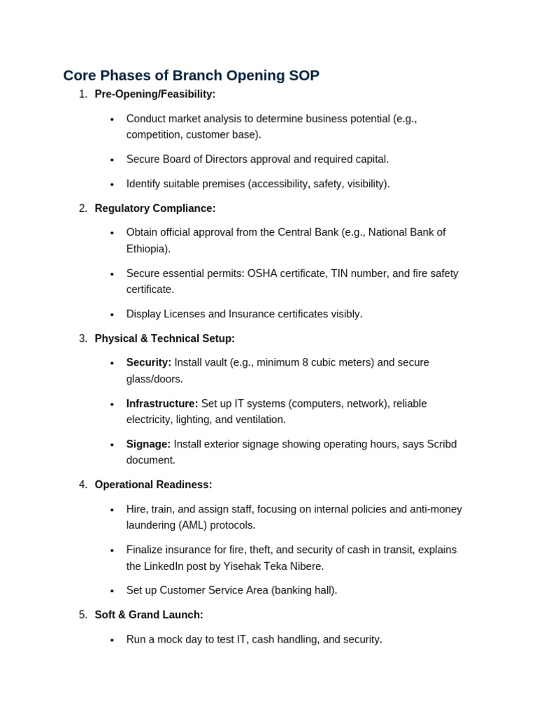 Core Phases of Branch Opening SOP | PDF