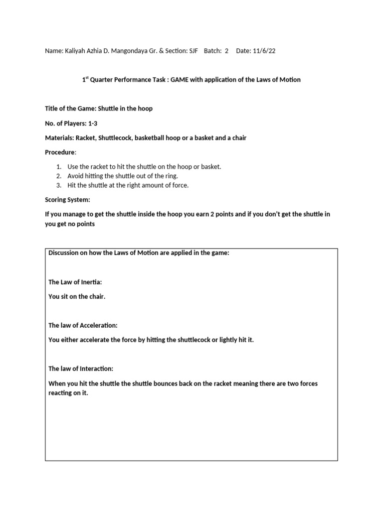 Grade 8 - 1st Quarter Performance Task - Game For Newton's Olympics | PDF
