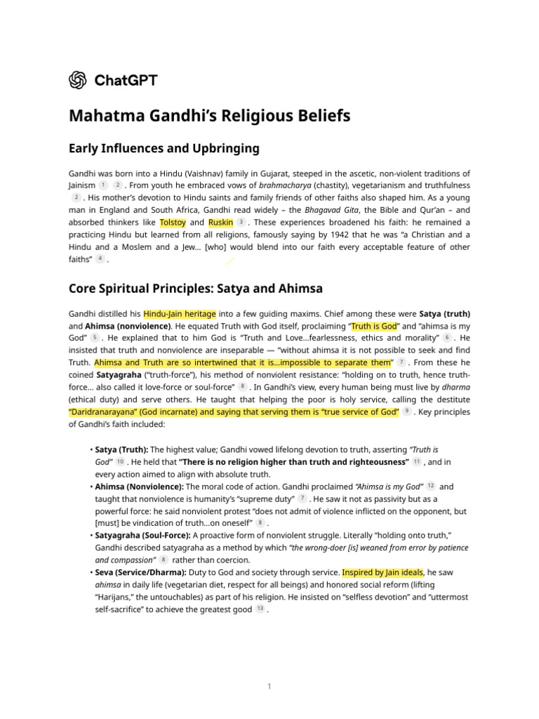 Mahatma Gandhi's Religious Beliefs | PDF | Nonviolence | Mahatma Gandhi