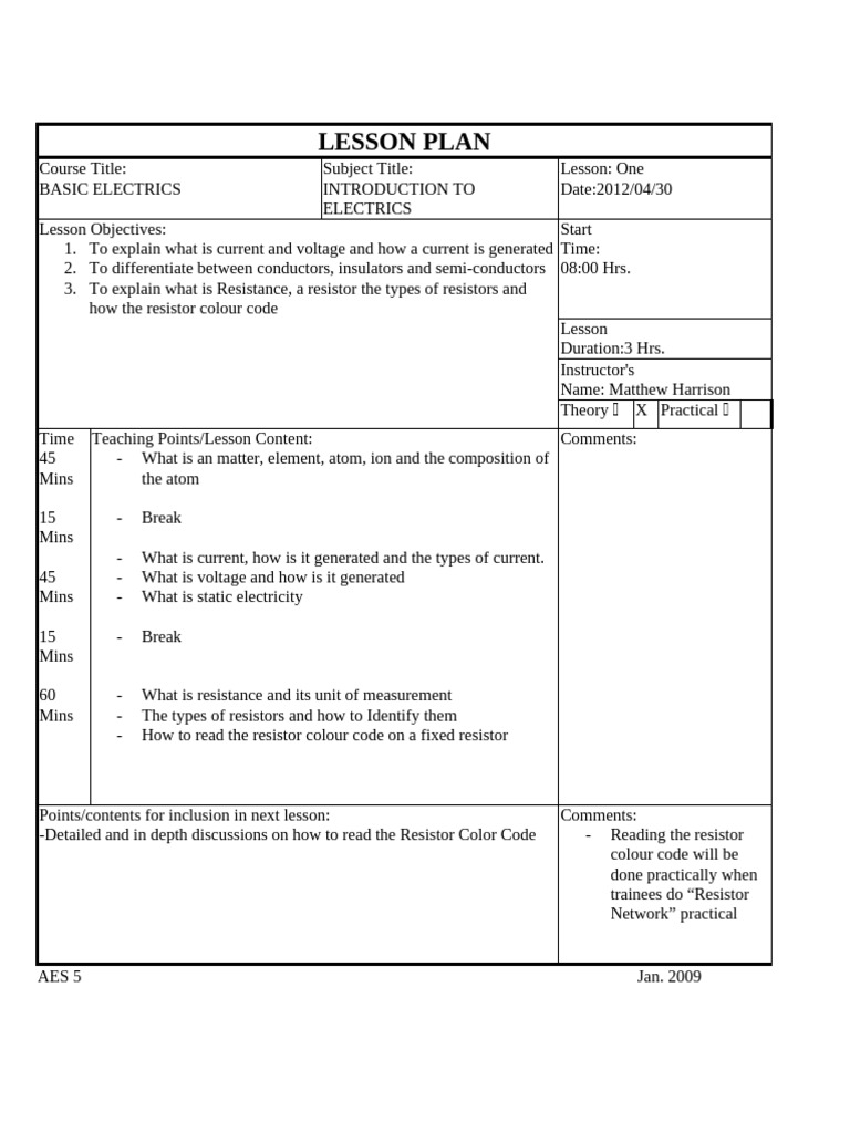 AES 5-LESSON PLAN Basic Electrics 2012 | PDF