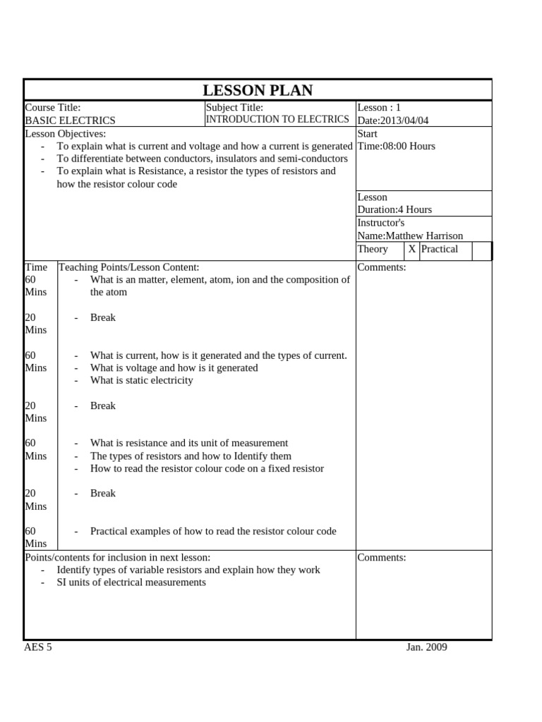 AES 5-LESSON PLAN Basic Electrics 2013 | PDF