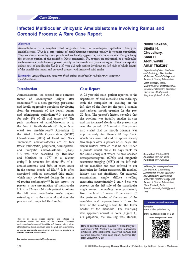 Infected Multilocular Unicystic Ameloblastoma Involving Ramus and | PDF