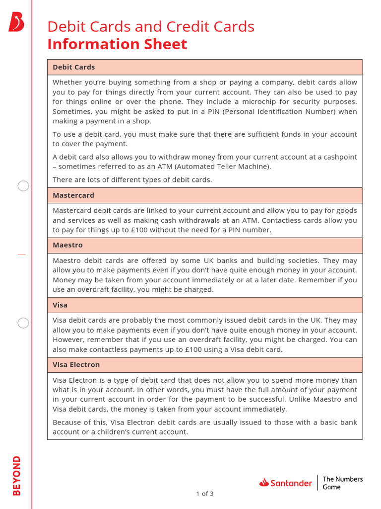 Debit Cards and Credit Cards Information Sheet | PDF | Debit Card ...