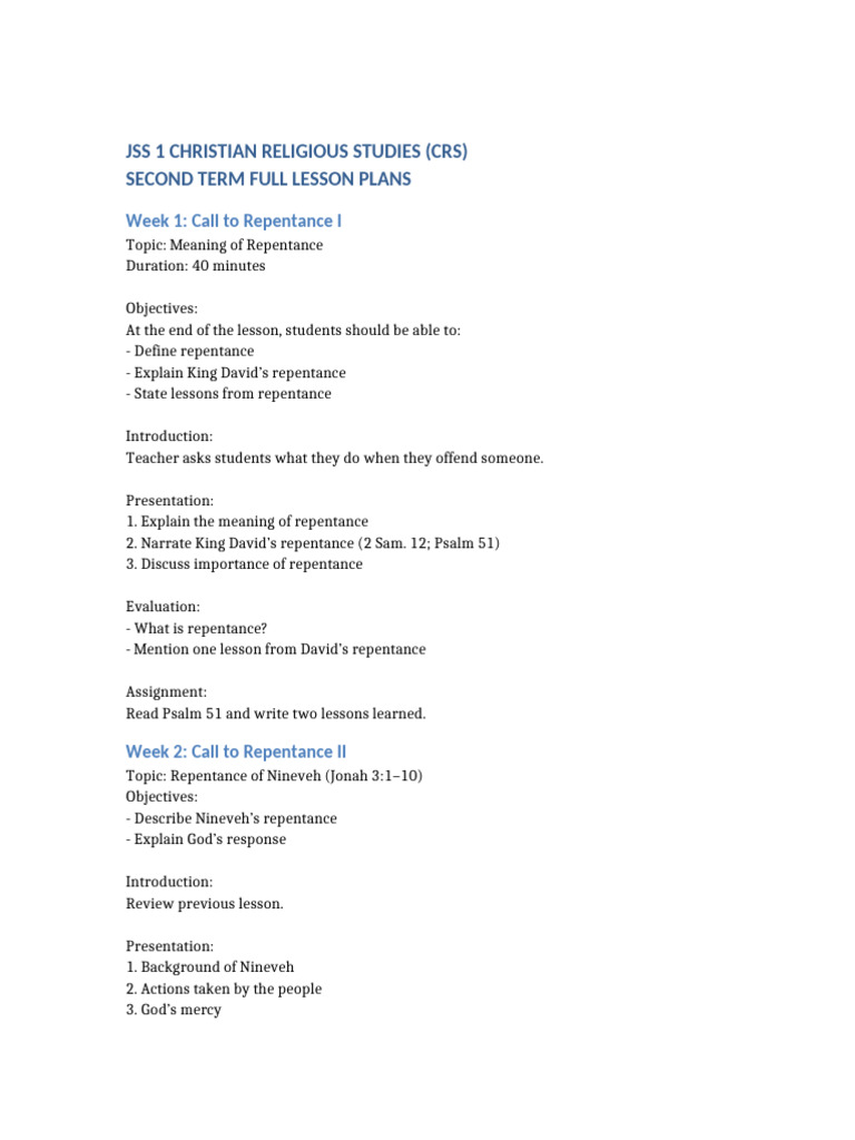 JSS1 CRS Second Term Full Lesson Plans | PDF