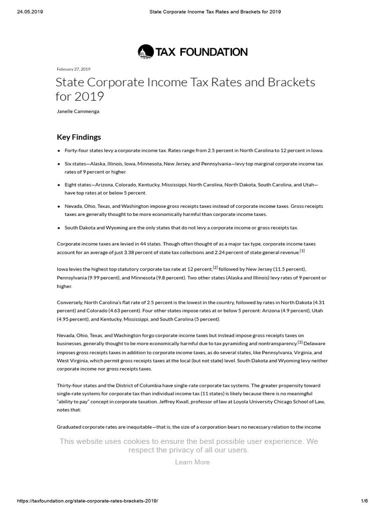 State Corporate Income Tax Rates and Brackets For 2019 | PDF