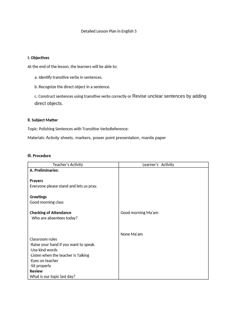 Detailed Lesson Plan in English 5 | PDF | Object (Grammar) | Verb