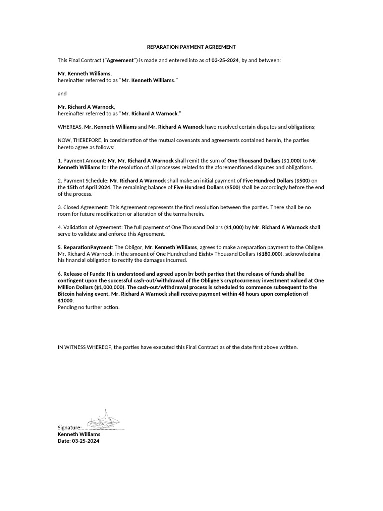 Reparation Payment Agreement Revised 2 | PDF