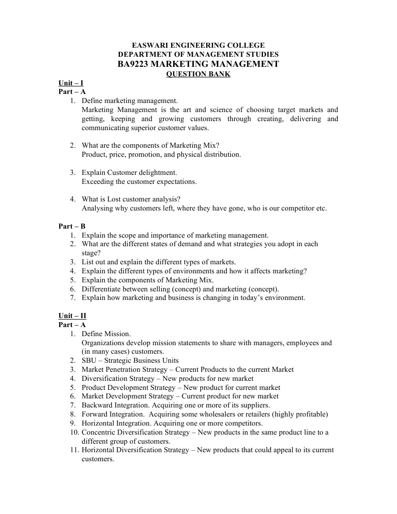 Marketing Management Question Bank | PDF