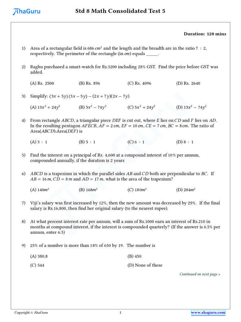 STD 8 Math Consolidated Test 5: Duration: 120 Mins | PDF | Interest ...