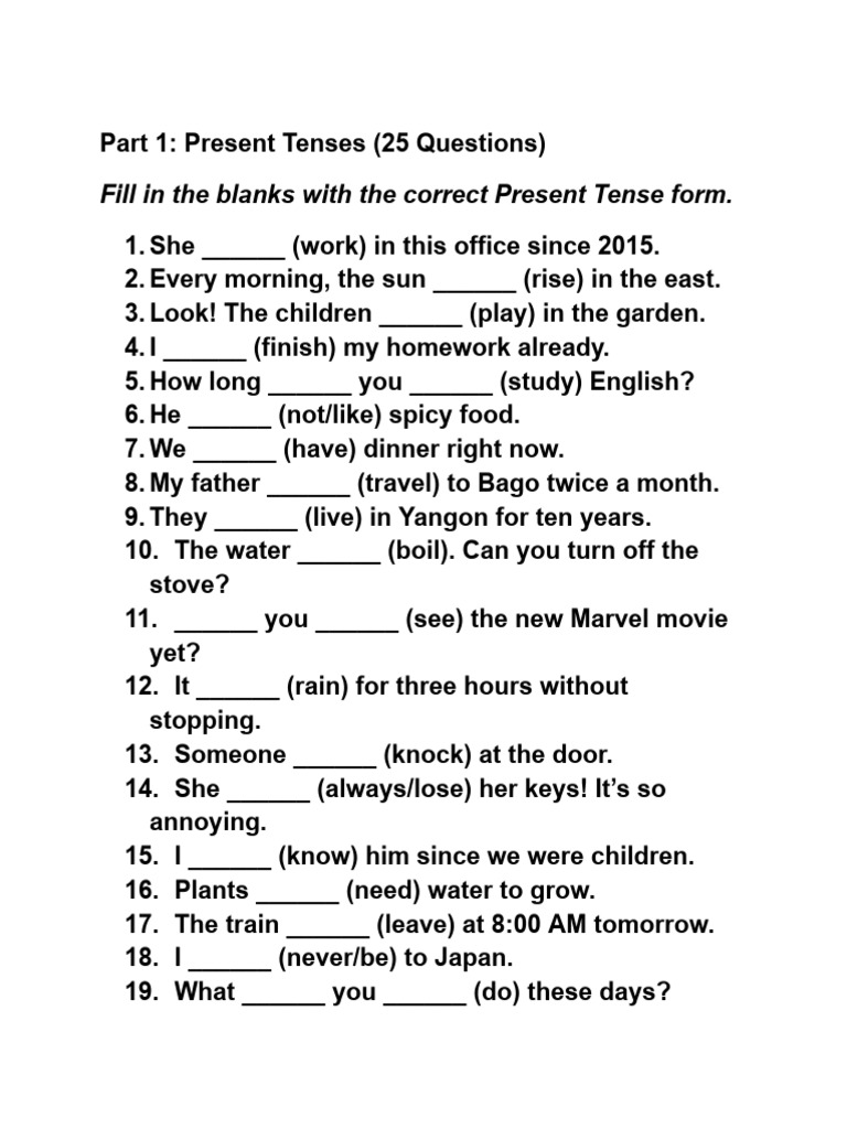 12 Tenses Questions Test | PDF