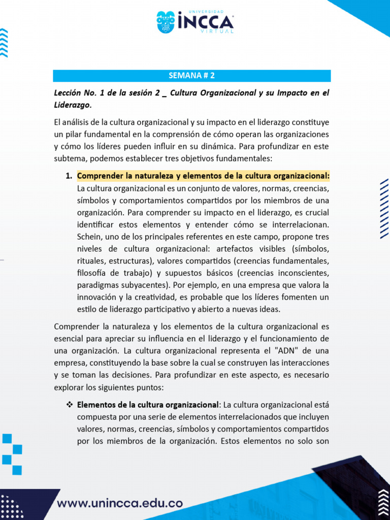 Lección No. 1 de La Sesión 2 - Cultura Organizacional y Su Impacto en ...