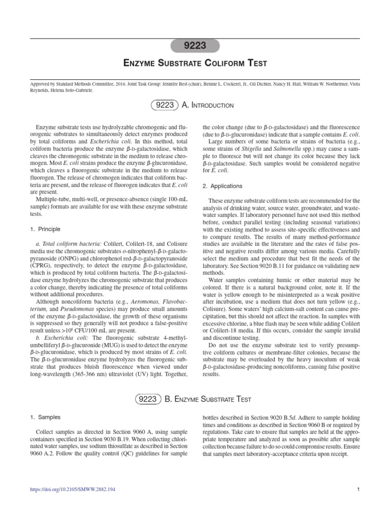 SMEWW Metodo 9223 B Coliforme Pelo Método Do Substrato Enzimático | PDF