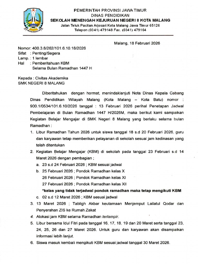 400.3.8 - 262 - Pemberitahuan KBM Ramadhan 1447H | PDF