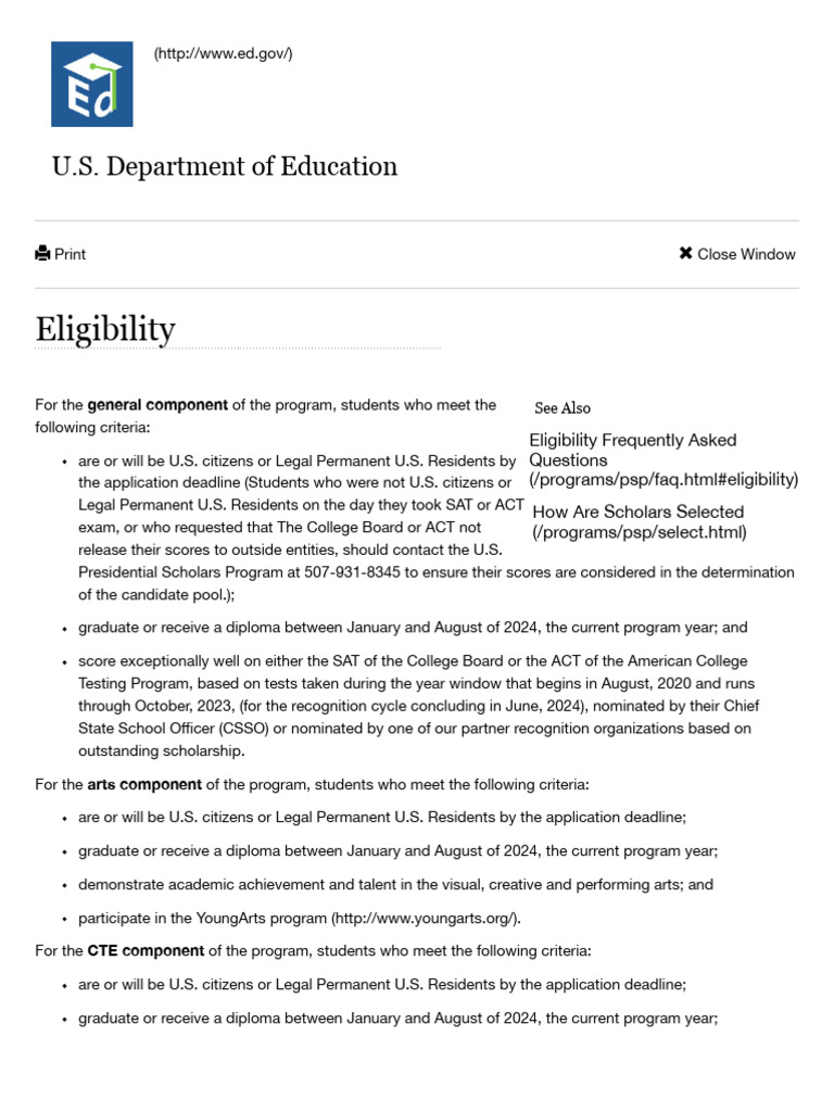 U.S. Presidential Scholars Program: Eligibility - Printable | PDF