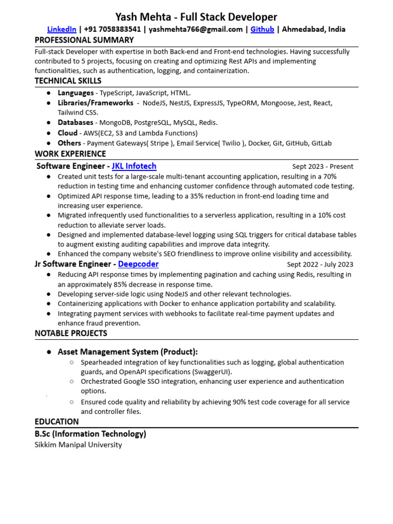 Yash Mehta Fullstack Developer Resume | PDF